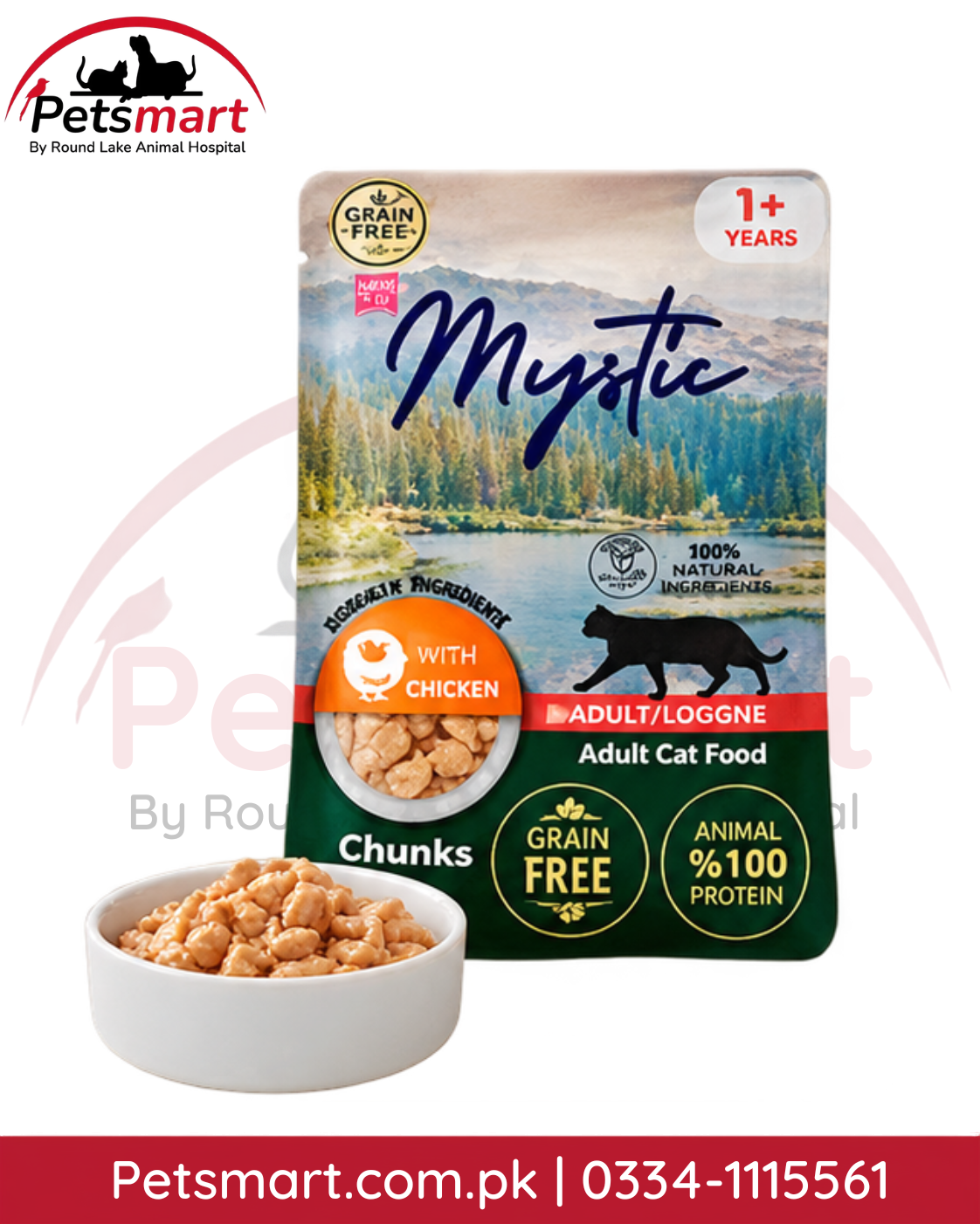 Mystic 1+ Adult Cat Chunks in Jelly 85g wet food pouches in assorted flavours