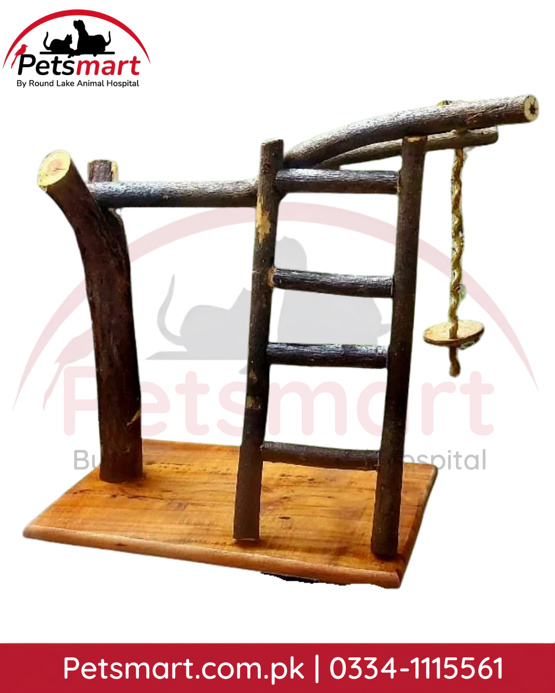 Natural wooden bird ladder stand with strong base and perch branches