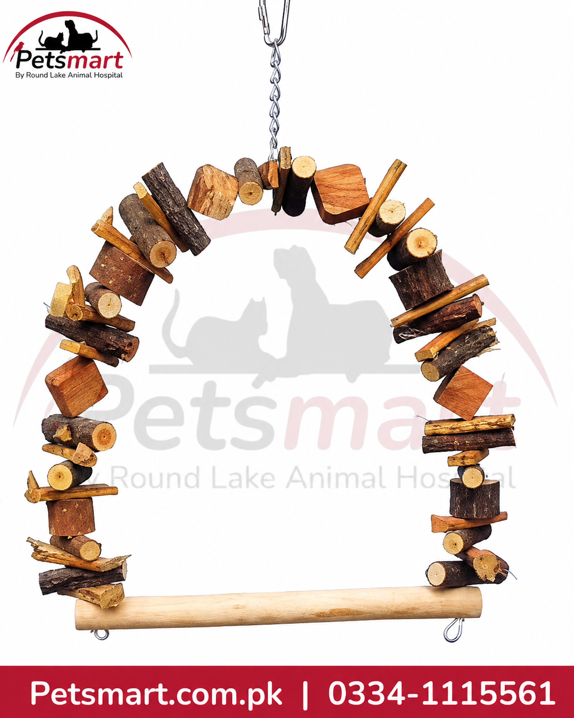 Large natural wooden bird swing with arch shaped wood pieces hanging chain and horizontal perch
