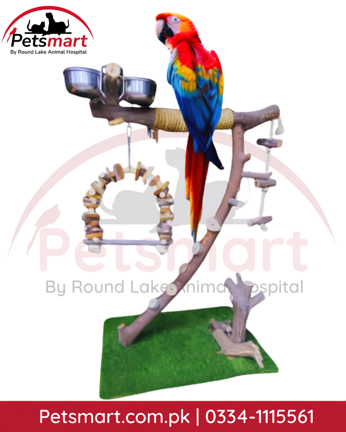 Natural wooden macaw bird play stand with bowls swing ladder and artificial grass base