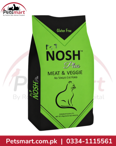 Green and black Nosh Plus High Energy Meat and Veggie dry cat food 12kg bag