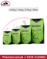 Four bags of NOSH Ultra Meat & Veggie cat food in different sizes (400g, 1.2kg, 3.