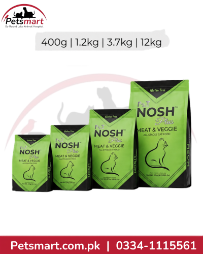 Four bags of NOSH Ultra Meat & Veggie cat food in different sizes (400g, 1.2kg, 3.