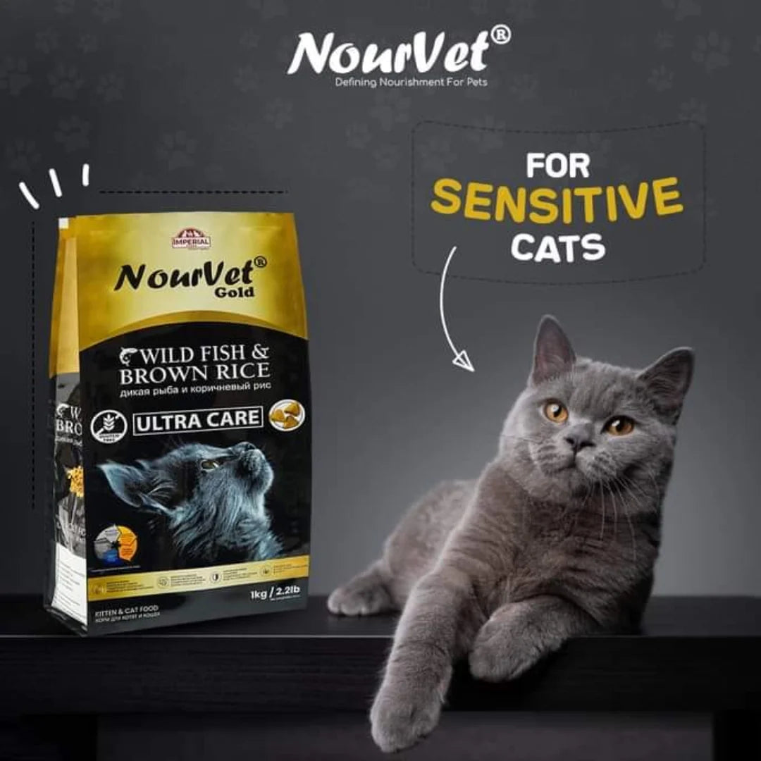 NourVet Gold Ultra Care cat food bag next to a gray cat on a dark surface, with text reading 'FOR SENSITIVE CATS' on a dark gray background.