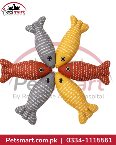 Grey yellow and rust-red plush fish cat toys with white zigzag patterns