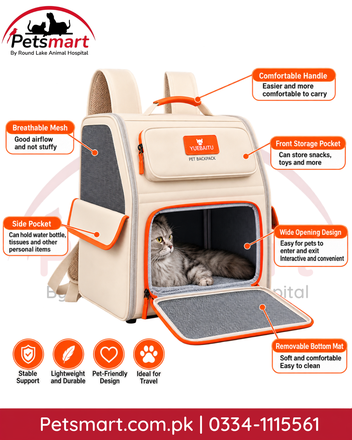 Pet carrier backpack with breathable mesh front pocket side storage wide opening and removable bottom mat
