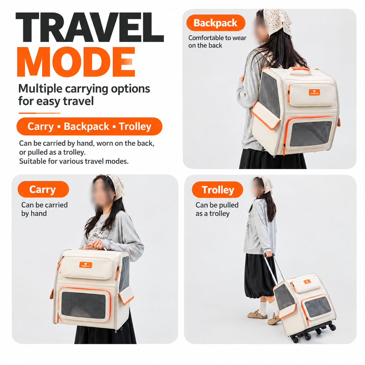 Multi-function pet carrier shown in backpack hand carry and trolley travel modes