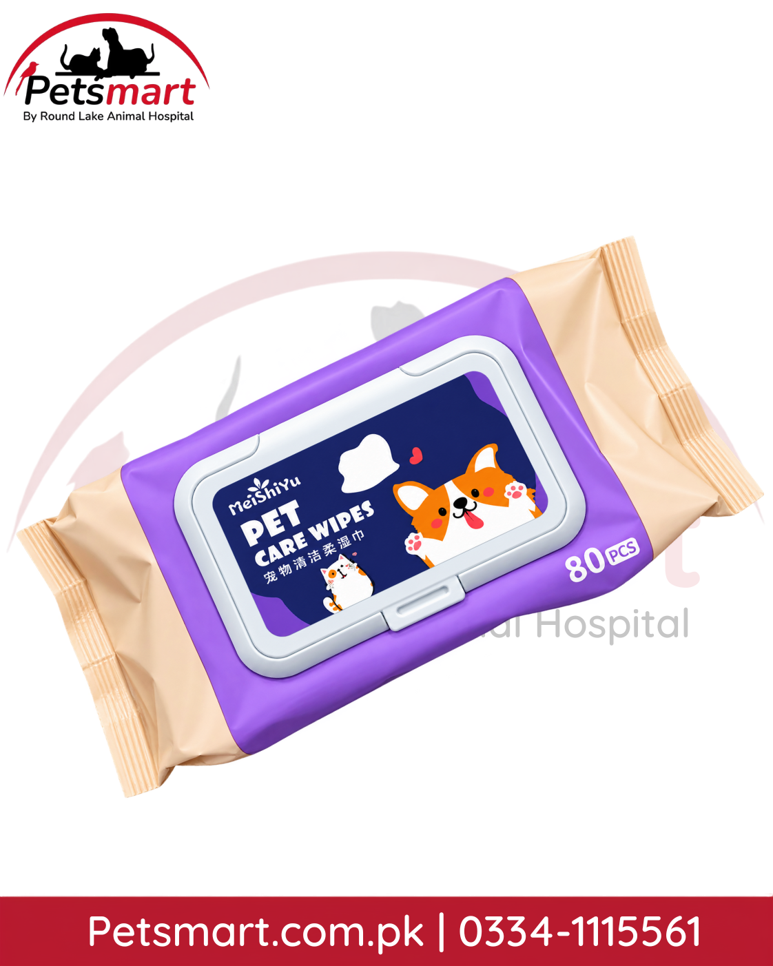 Pack of 80 pet cleaning wipes for dogs and cats in assorted resealable packaging