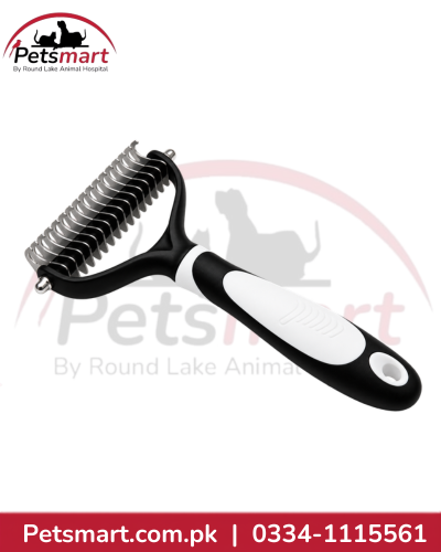 Pet dematting comb with metal rake teeth and black white handle for cats and dogs