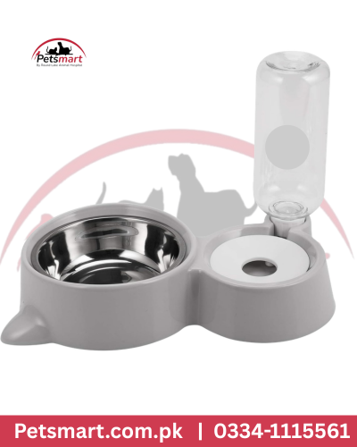 Pet feed bowl with attached water bottle dispenser for cats and small dogs
