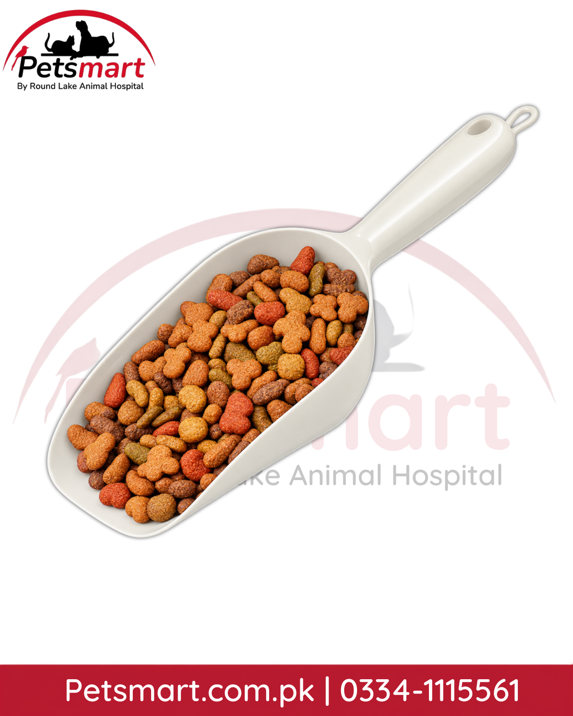 White plastic pet food scoop filled with dry kibble for dogs and cats