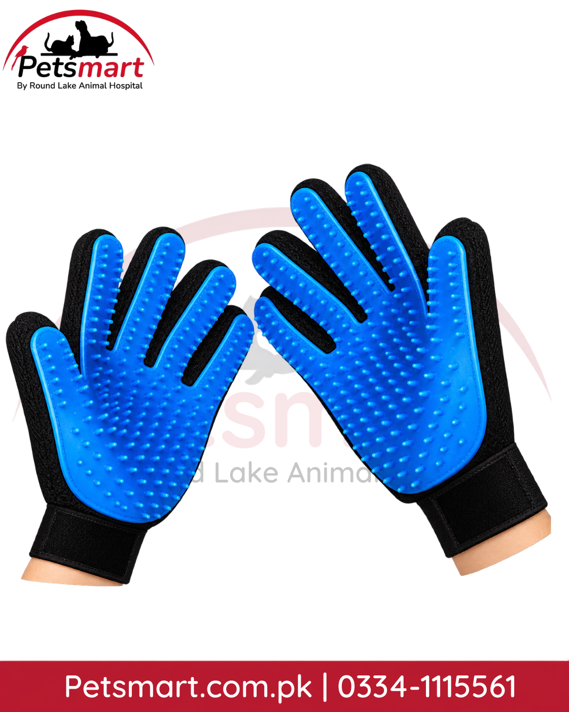 Blue pet grooming gloves with 259 soft silicone pins for cats and dogs
