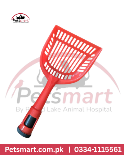 Red slotted pet poop scoop with long handle for cat litter box cleaning