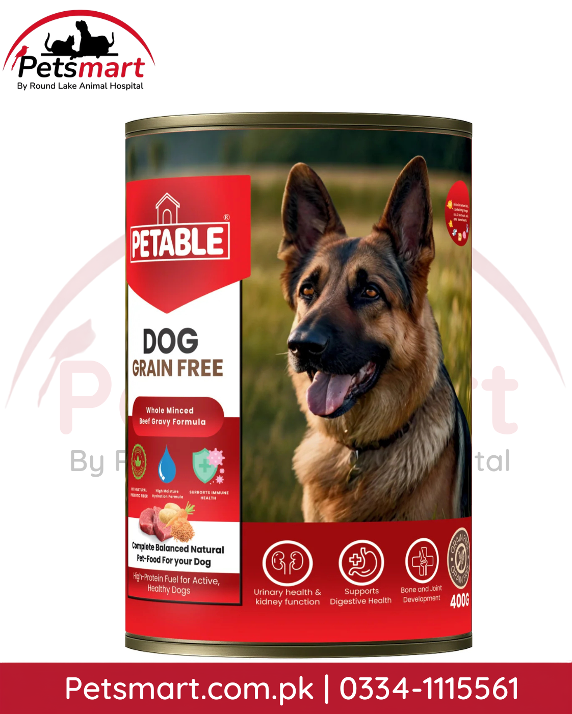 Petable Dog Grain Free Beef wet dog food 400g can front packaging with German Shepherd