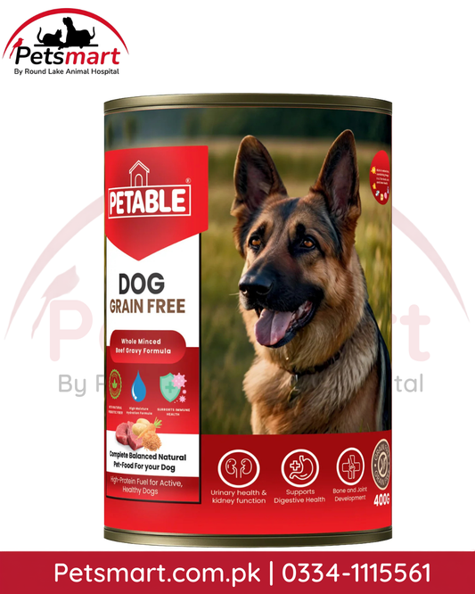 Petable Dog Grain Free Beef wet dog food 400g can front packaging with German Shepherd