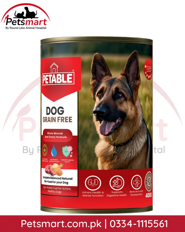 Petable Dog Grain Free Beef wet dog food 400g can front packaging with German Shepherd