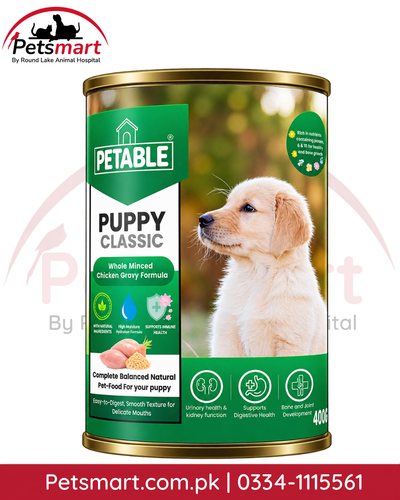 Petable Puppy Classic Chicken Wet Food 400g front can with whole minced chicken gravy formula
