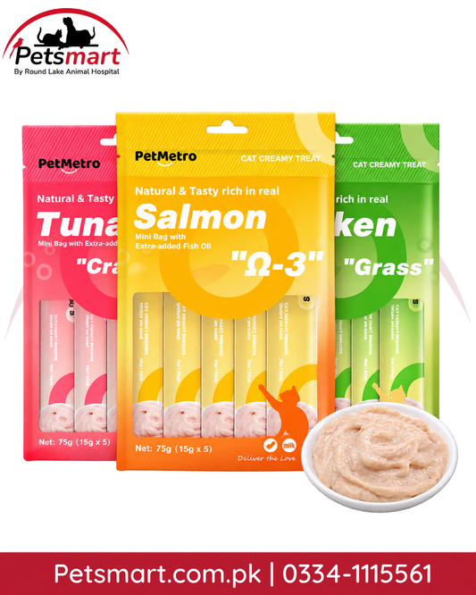 PetMetro creamy lickable cat treats 75g in chicken salmon and tuna flavours