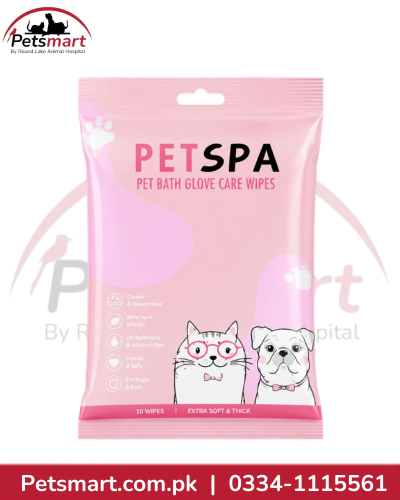 Pink PETSPA Pet Bath Glove Care Wipes pack for cats and dogs containing 6 wipes