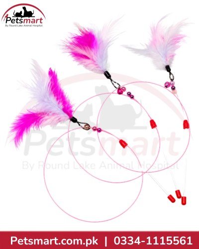 Pink flexible cat teaser wands with pink and white feather attachments