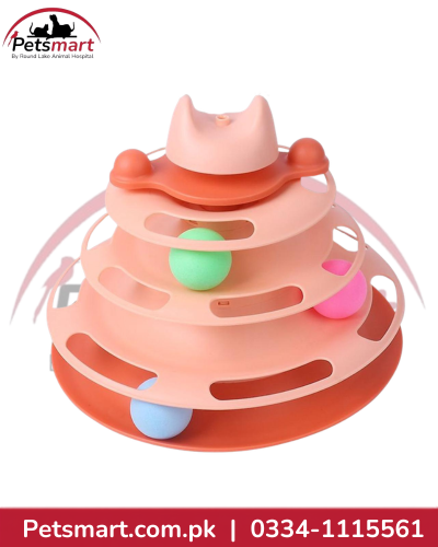 Pink multi-level interactive cat track toy with green pink and blue rolling balls