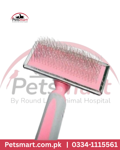 Pink and grey slicker dog grooming brush with fine metal pins for detangling and loose hair removal