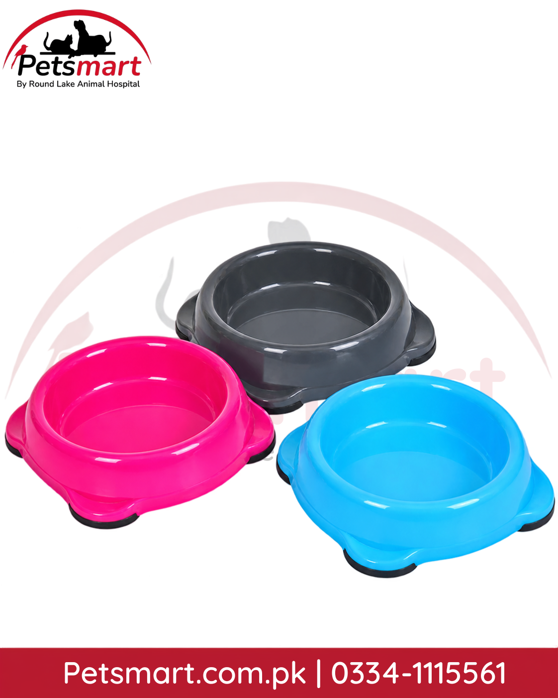 Assorted pink blue and grey plastic feeding bowls for cats and kittens