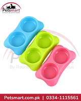 Plastic double pet feeding bowls in blue green and pink colors