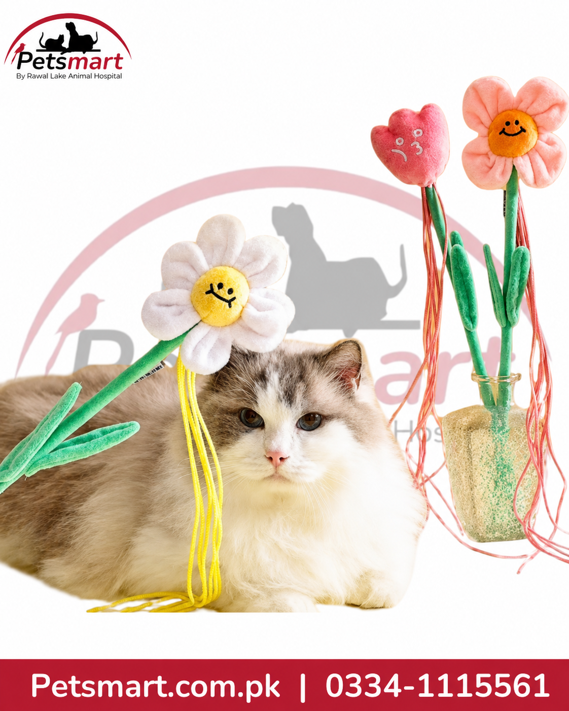 Plastic flower wand cat toy with dangling ribbons for interactive cat play