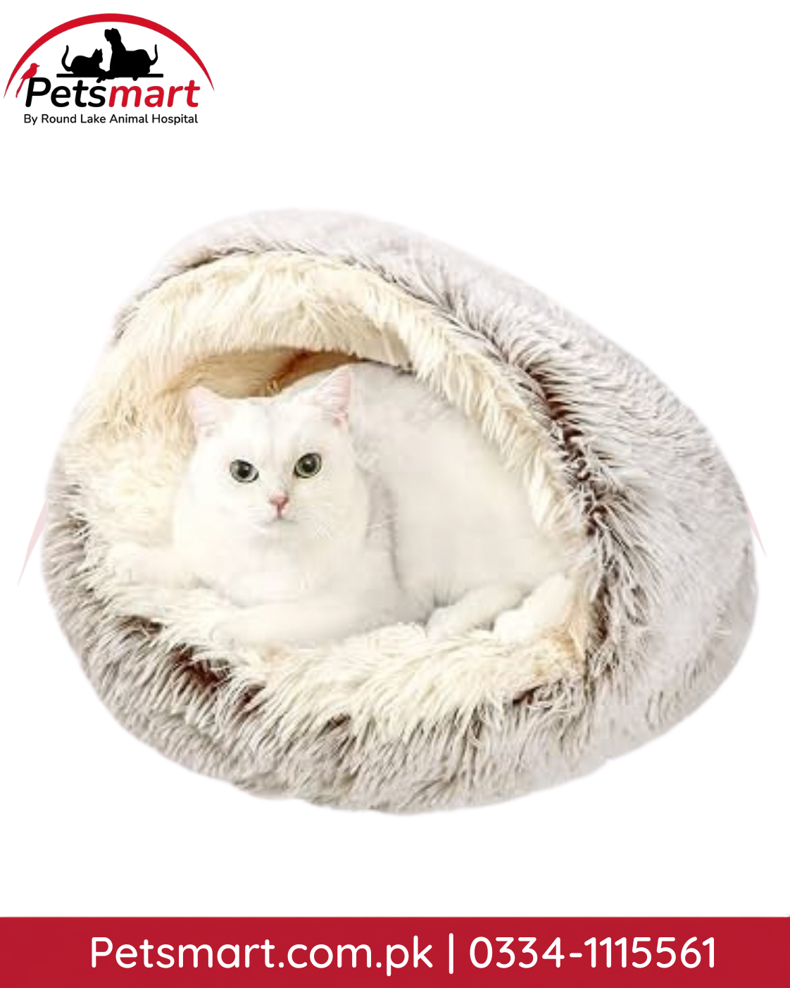 Plush hooded round cat cave bed in coffee color with soft fluffy lining and non-slip bottom