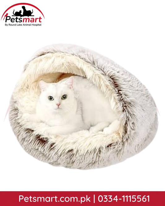 Plush hooded round cat cave bed in coffee color with soft fluffy lining and non-slip bottom