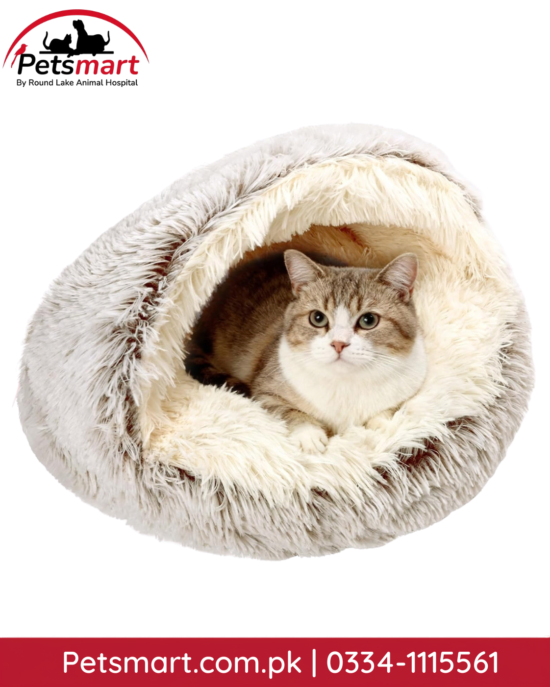 Plush hooded round cat cave bed in coffee color with soft fluffy lining and non-slip bottom