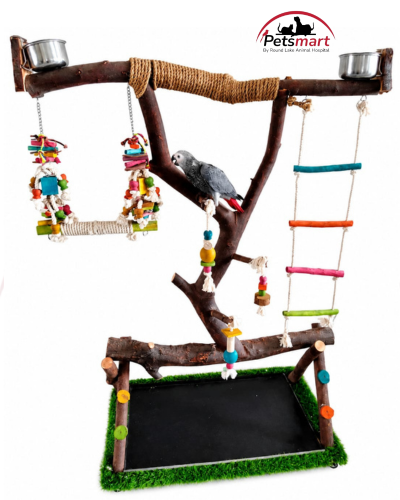 Premium bird playground and feeding station with branch perches, two bowls, ladder, swing and hanging toys