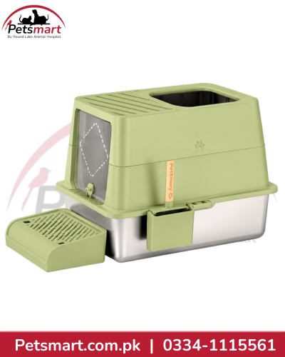 Green enclosed stainless steel cat litter box with front door, top opening and matching step