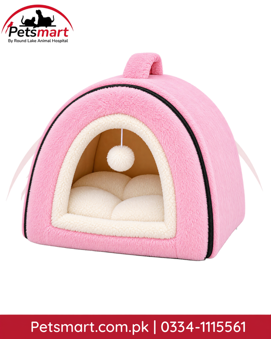 Premium plush pink igloo large pet bed for cats and small dogs with hanging pom-pom toy