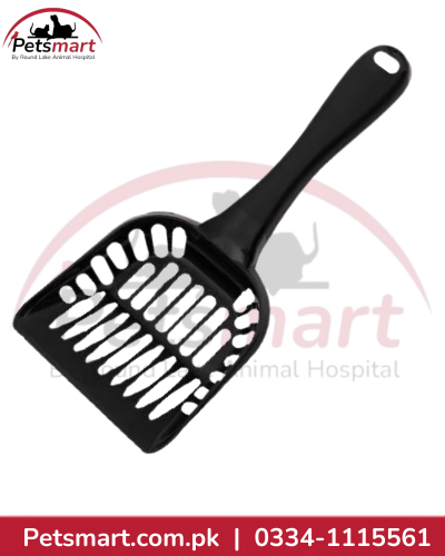 Black slotted cat litter scoop with a wide head and long handle