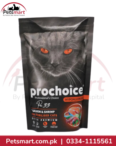 ProChoice Pro 33 Salmon and Shrimp cat food showing hypoallergenic pork free soy free wheat free and non GMO claims