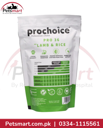 ProChoice Pro 36 Lamb and Rice adult cat food 330g back packaging with nutrition and feeding information