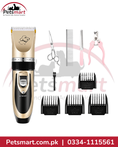 Gold and black rechargeable pet grooming trimmer with scissors, comb, nail tools and four guide combs