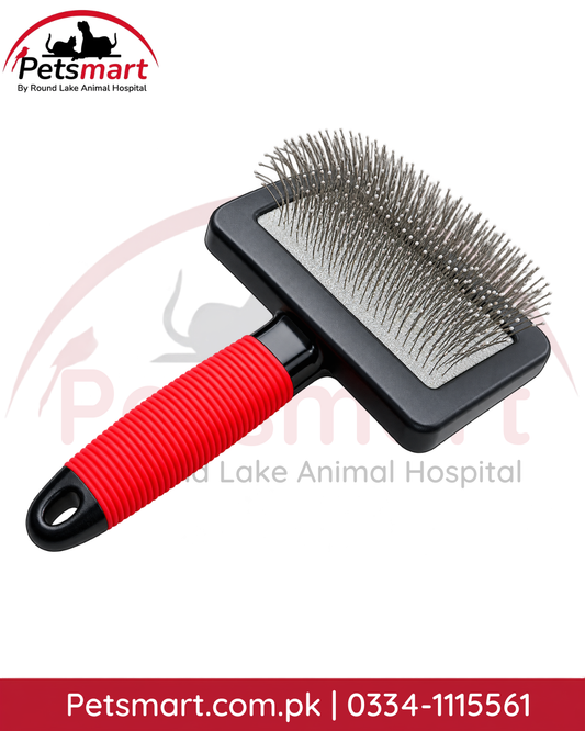 Red and black slicker dog grooming brush with fine metal pins