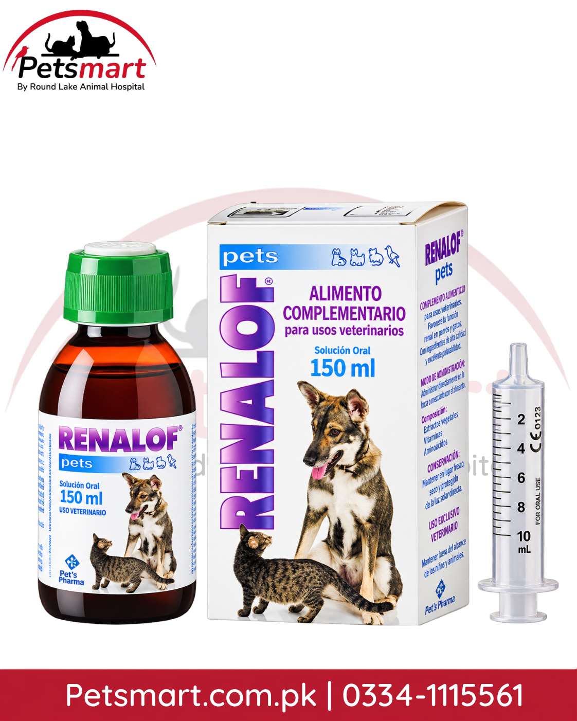 Renalof Pets 150 ml kidney and urinary support oral solution for dogs and cats with dosing syringe