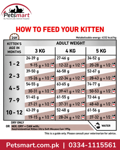 Royal Canin Gastrointestinal Kitten 400g feeding guide by kitten age and expected adult weight