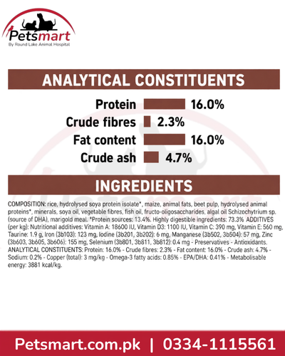 Royal Canin Hepatic analytical constituents showing protein fat fibre and ash
