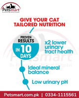 Promotional graphic for Petsmart cat nutrition, featuring the Petsmart logo, the headline 'GIVE YOUR CAT TAILORED NUTRITION,' and several benefit claims in blue and red text on a white background with a faint watermark.