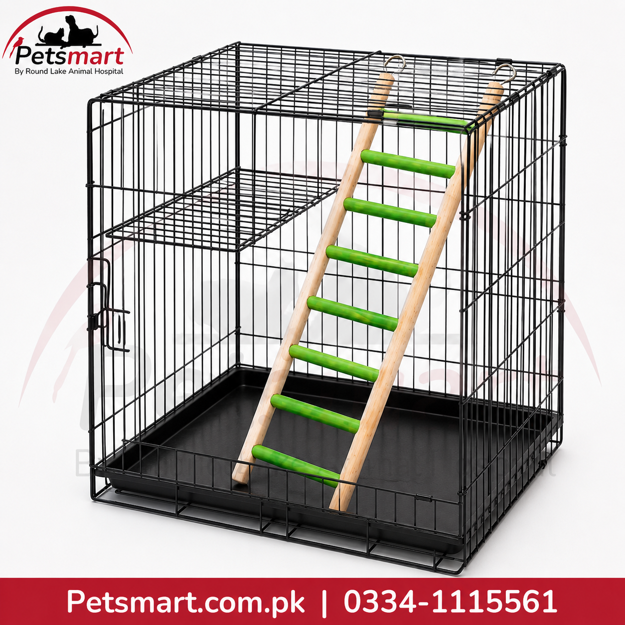 A black metal wire pet crate with a black plastic tray, featuring a wooden ladder with green plastic steps. The Petsmart logo is visible in the top-left corner, and a red banner with contact details is at the bottom.