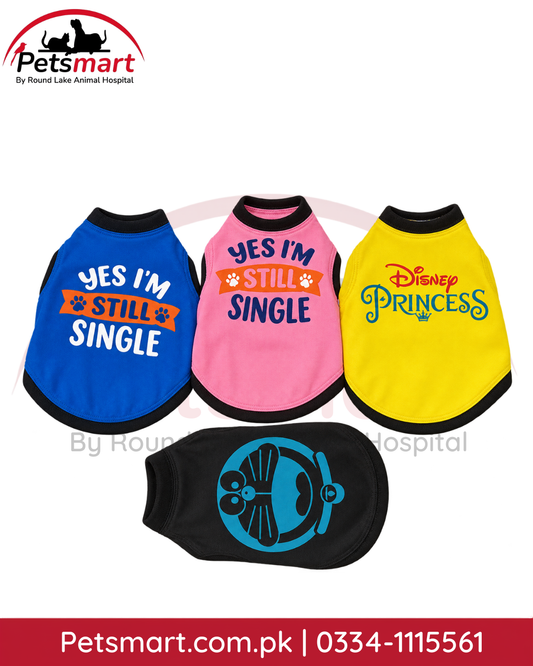 Small cat dress and pet T-shirt in assorted colors and printed designs