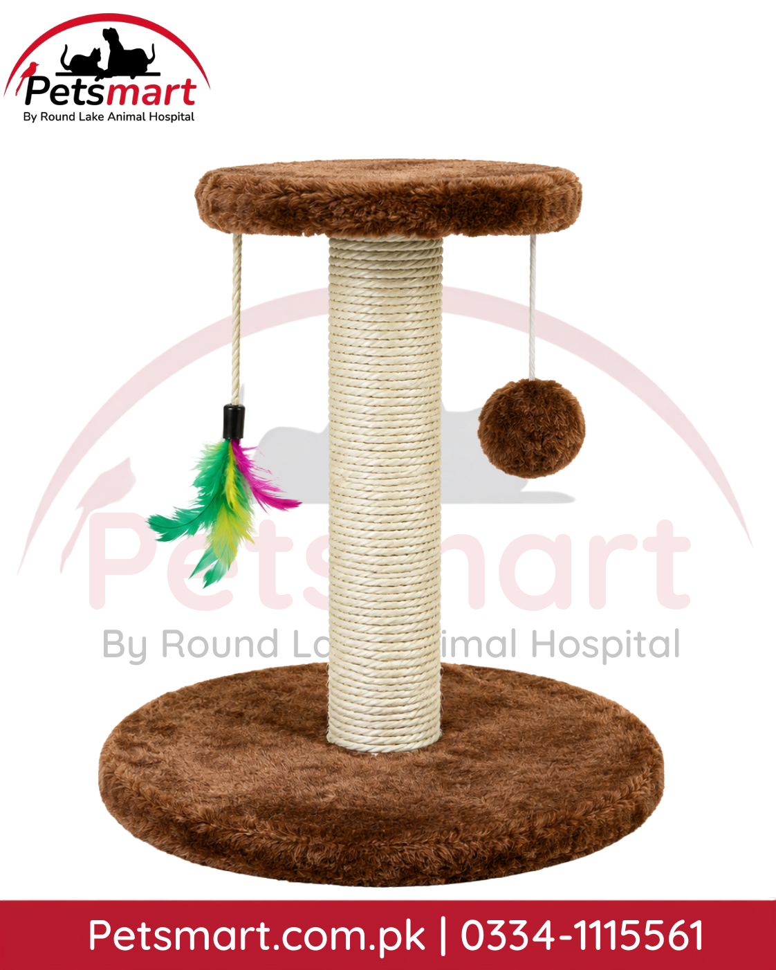 Small cat scratcher with rope-wrapped post plush base platform and hanging toys