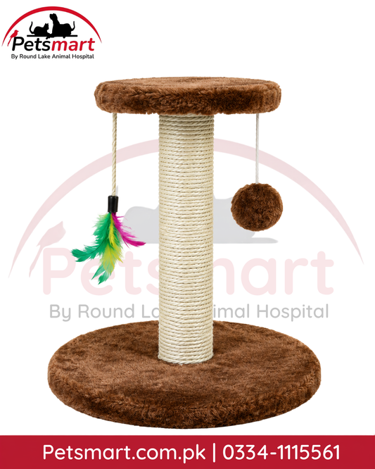 Small cat scratcher with rope-wrapped post plush base platform and hanging toys