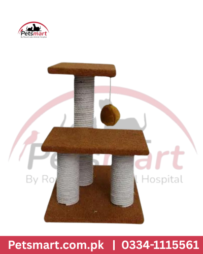 Small cat scratcher tree with multiple posts platforms and hanging ball toy