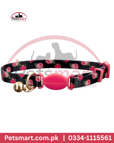 Small black and pink floral cat collar with bell and adjustable buckle
